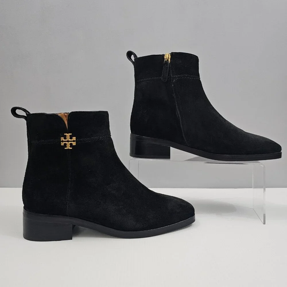 Tory Burch Everly Ankle Boot Womens 7.5 Black Suede Gold Logo Luxury Designer - Picture 3 of 16